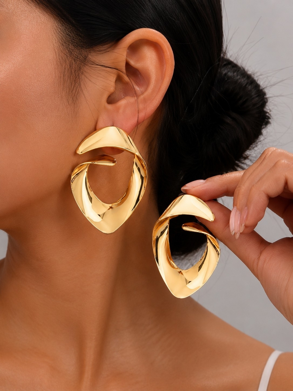 Gold Twisted Hoop Statement Earrings - Women Jewelry - Picture 1 of 4